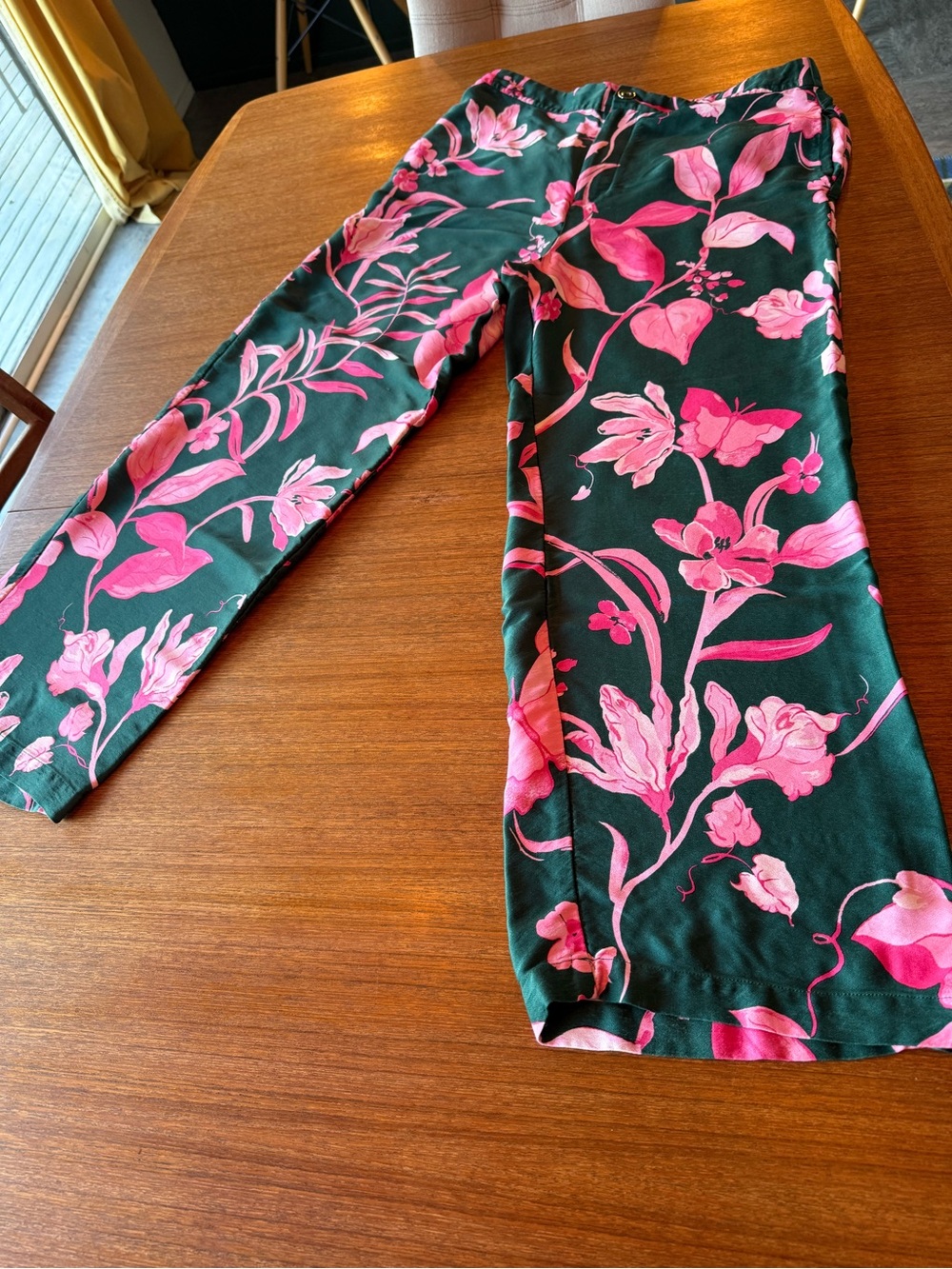 Anthropologie Green and Pink Floral Wide-Leg Pants